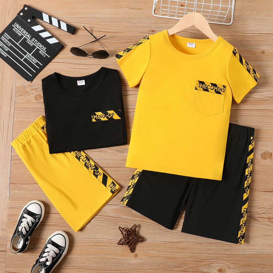 2pcs Kid Boy Letter Print Striped Short-sleeve Tee and Elasticized Shorts Set Black big image 2