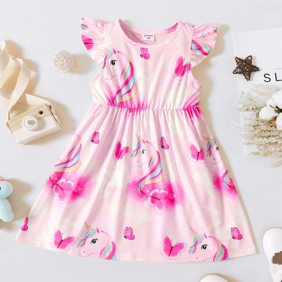 Toddler Girl Unicorn Heart Print Flutter-sleeve Pink Dress Pink