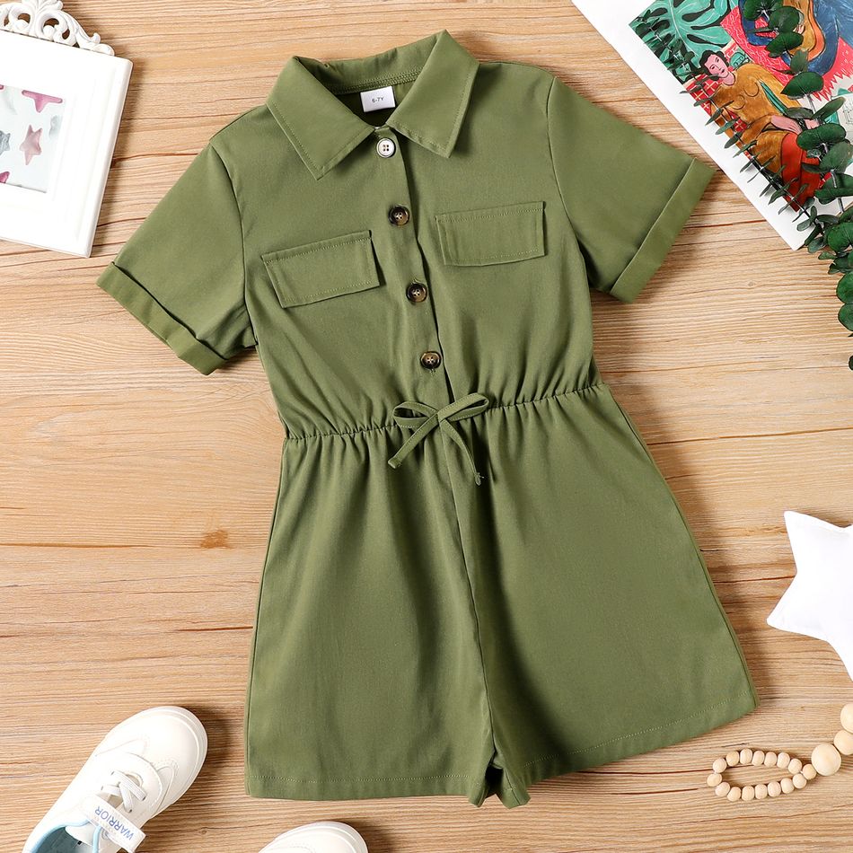 Kid Girl Solid Color Lapel Collar Bowknot Button Design Short-sleeve Rompers Army green big image 1