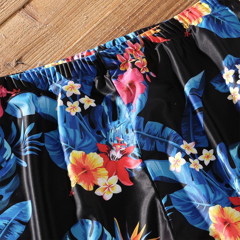 Family Matching Blue Floral Print Splicing V Neck Spaghetti Strap One-Piece Swimsuit and Swim Trunks Shorts Blue big image 9