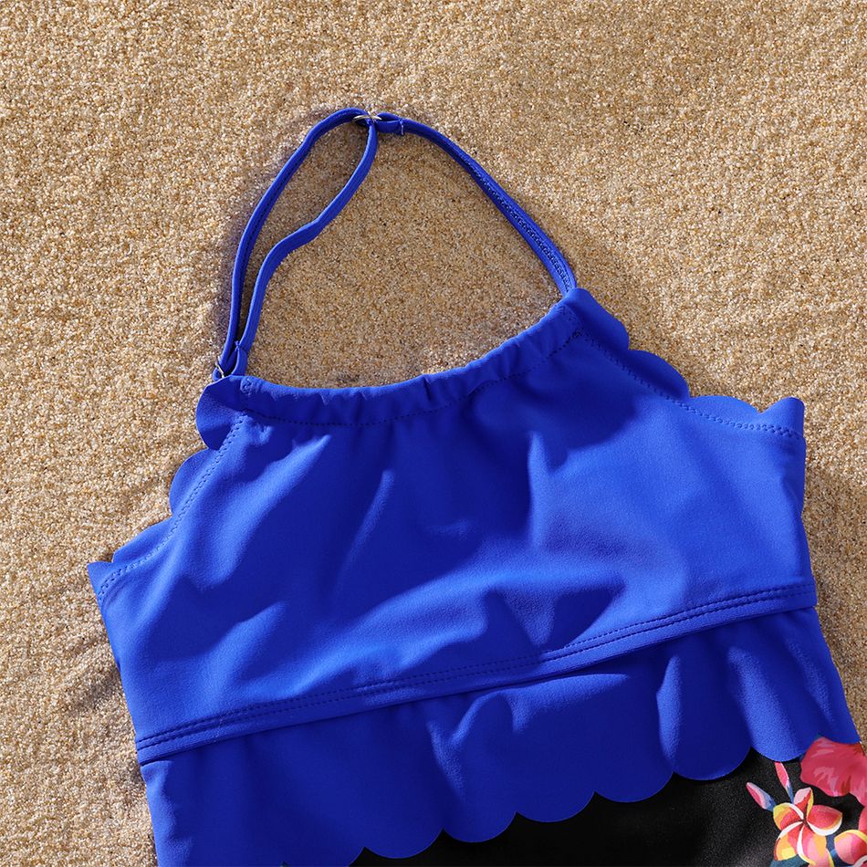 Family Matching Blue Floral Print Splicing V Neck Spaghetti Strap One-Piece Swimsuit and Swim Trunks Shorts Blue big image 7