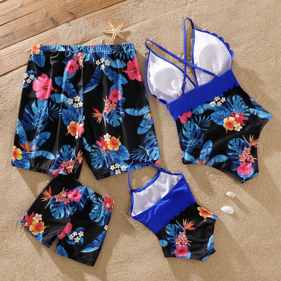 Family Matching Blue Floral Print Splicing V Neck Spaghetti Strap One-Piece Swimsuit and Swim Trunks Shorts Blue big image 2