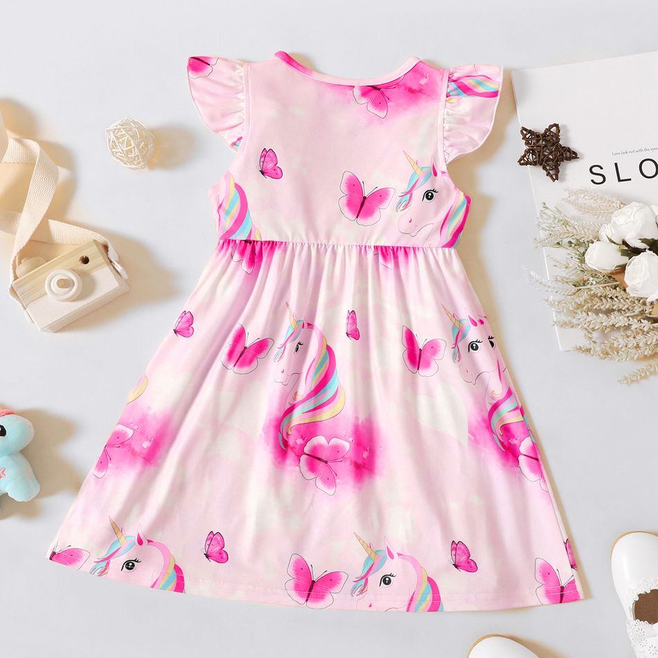 Toddler Girl Unicorn Heart Print Flutter-sleeve Pink Dress Pink big image 2
