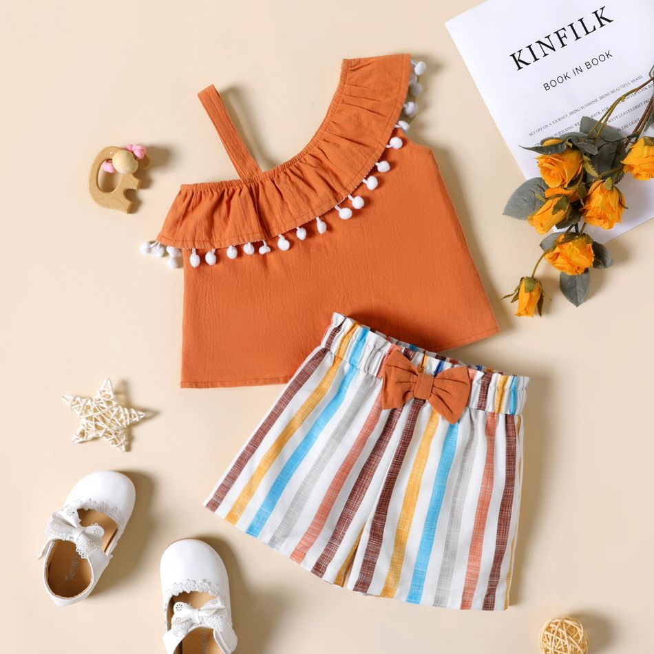 2pcs Toddler Girl Flounce Pompom Design One Shoulder Camisole and Bowknot Design Stripe Shorts Set Caramel