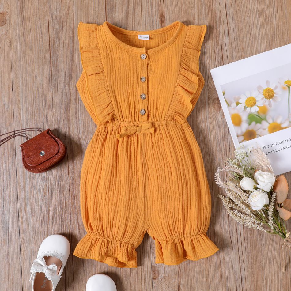 Toddler Girl 100% Cotton Solid Color Bowknot Button Design Ruffled Sleeveless Romper Ginger