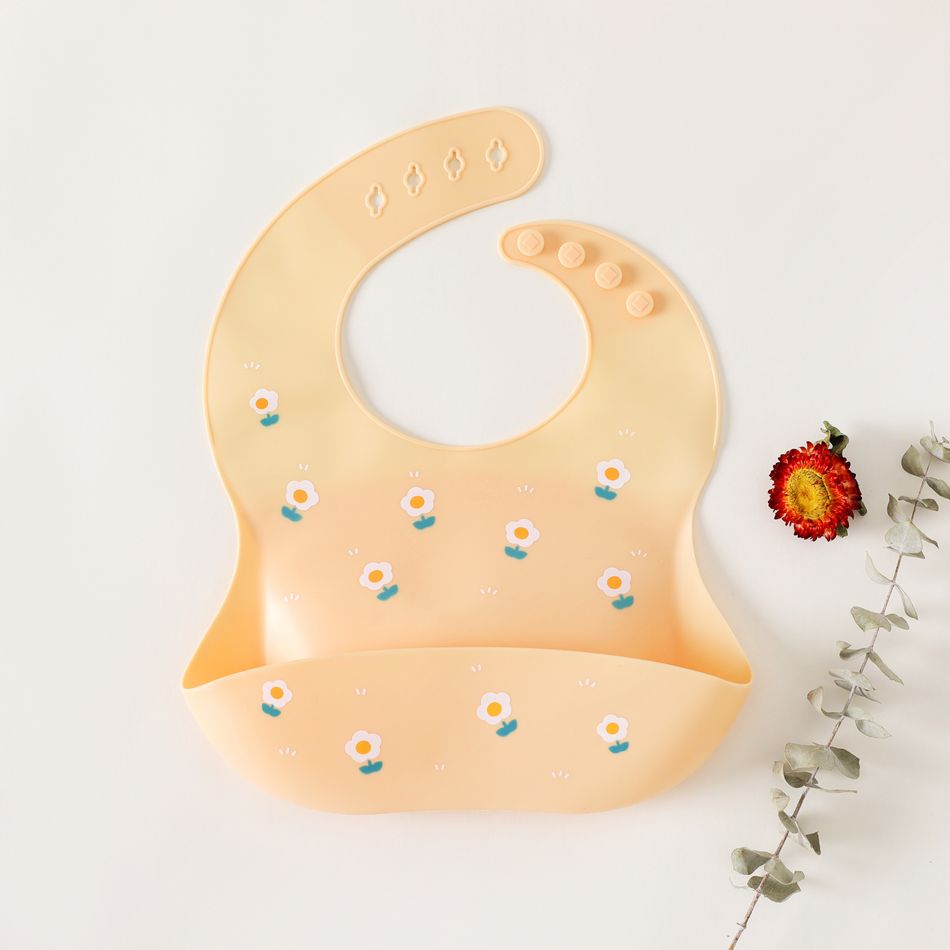 Floral Pattern Silicone Baby Bibs Soft Adjustable Waterproof Silicone Bibs with Food Catcher Pocket Yellow