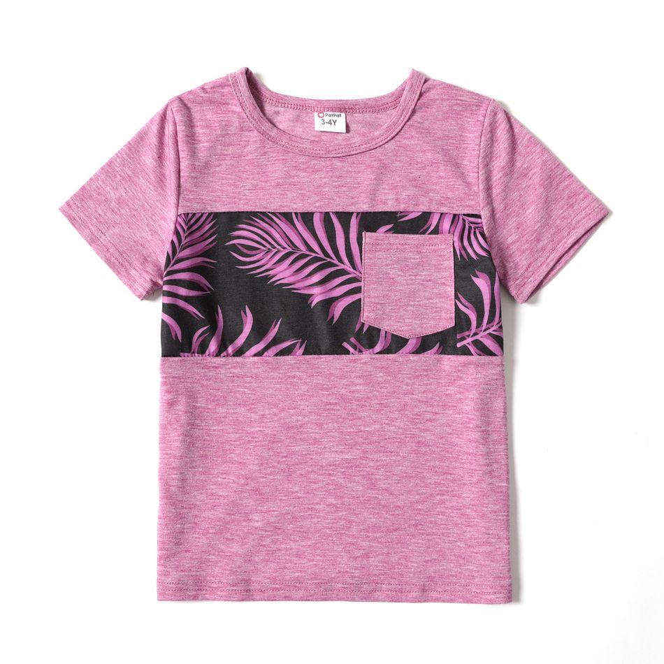 Family Matching All Over Palm Leaf Print Spaghetti Strap Midi Dresses and Short-sleeve T-shirts Sets Purple big image 4