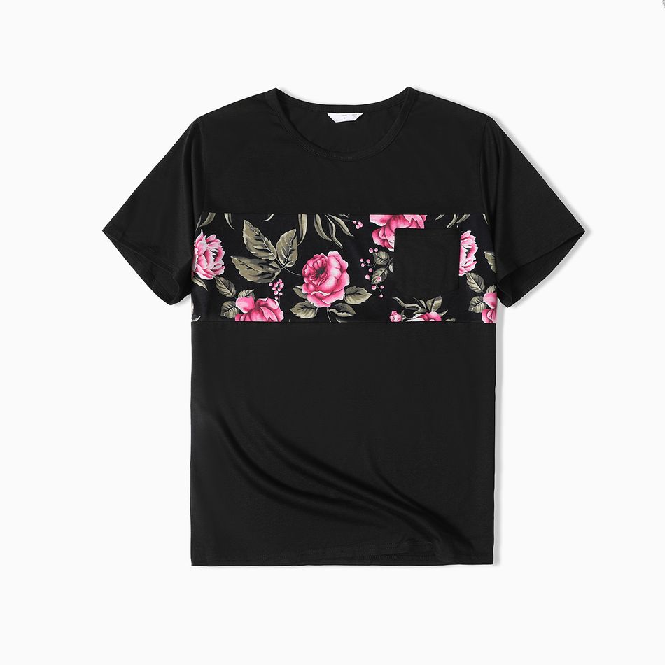 Family Matching All Over Floral Print V Neck Spaghetti Strap Dresses and Splicing Short-sleeve T-shirts Sets Black big image 6