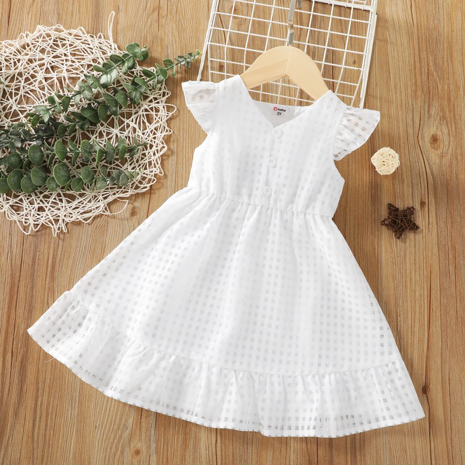 Toddler Girl Button Design V Neck Plaid Flutter-sleeve Dress White