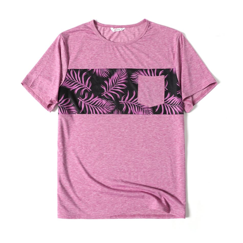 Family Matching All Over Palm Leaf Print Spaghetti Strap Midi Dresses and Short-sleeve T-shirts Sets Purple big image 2