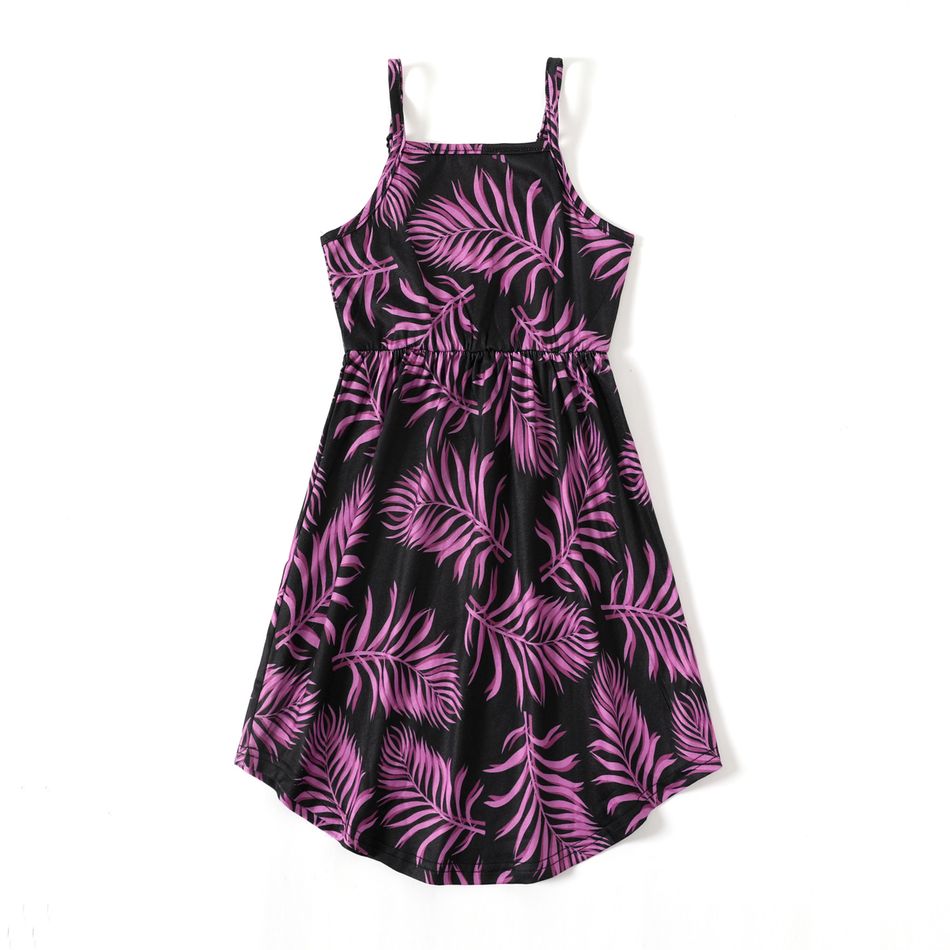 Family Matching All Over Palm Leaf Print Spaghetti Strap Midi Dresses and Short-sleeve T-shirts Sets Purple big image 5