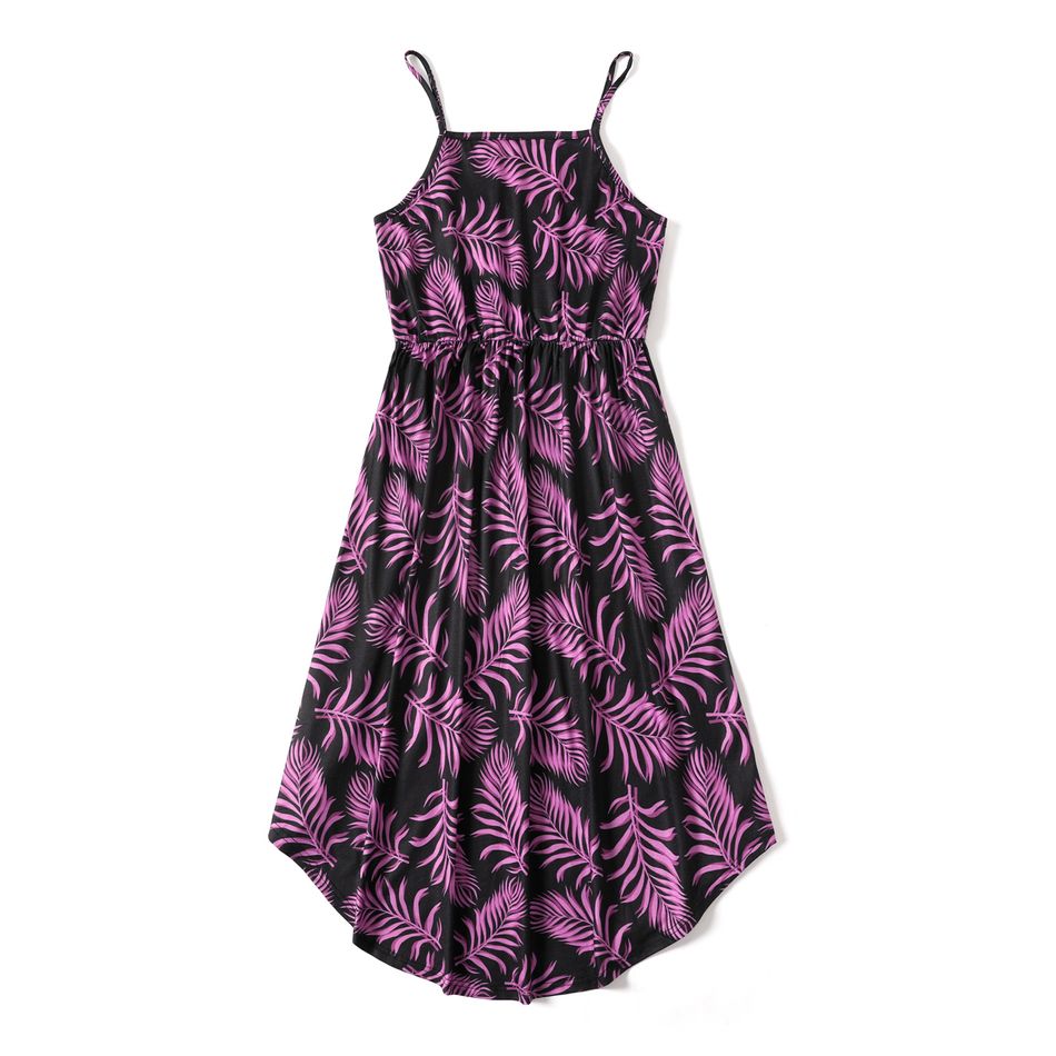 Family Matching All Over Palm Leaf Print Spaghetti Strap Midi Dresses and Short-sleeve T-shirts Sets Purple big image 3