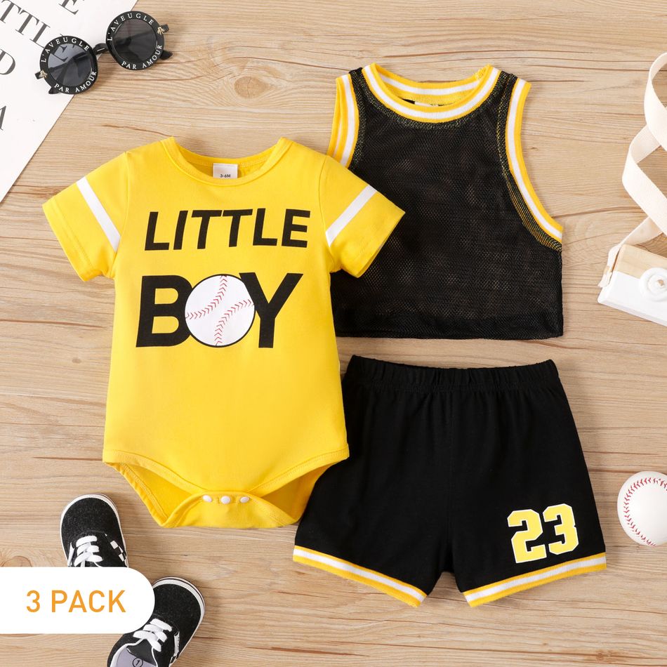 3pcs Baby Boy Cotton Short-sleeve Baseball Letter Print Romper and Tank Top with Shorts Set Yellow