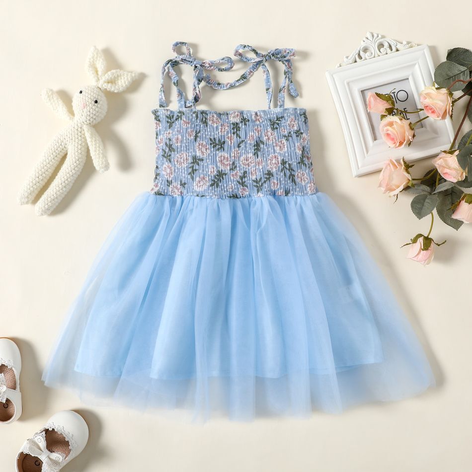 Baby Shirred Floral Allover Mesh Layered Sleeveless Pink or Blue Dress Light Blue