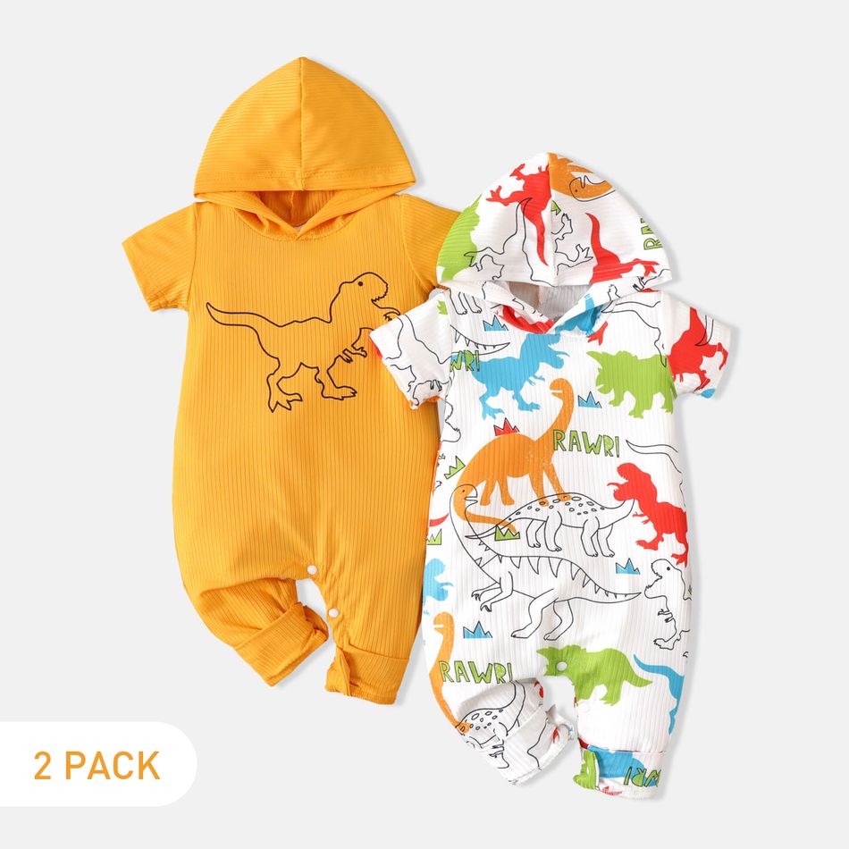 2pcs Baby Boy Dinosaur Print Ribbed Hooded Short-sleeve Jumpsuits Set White