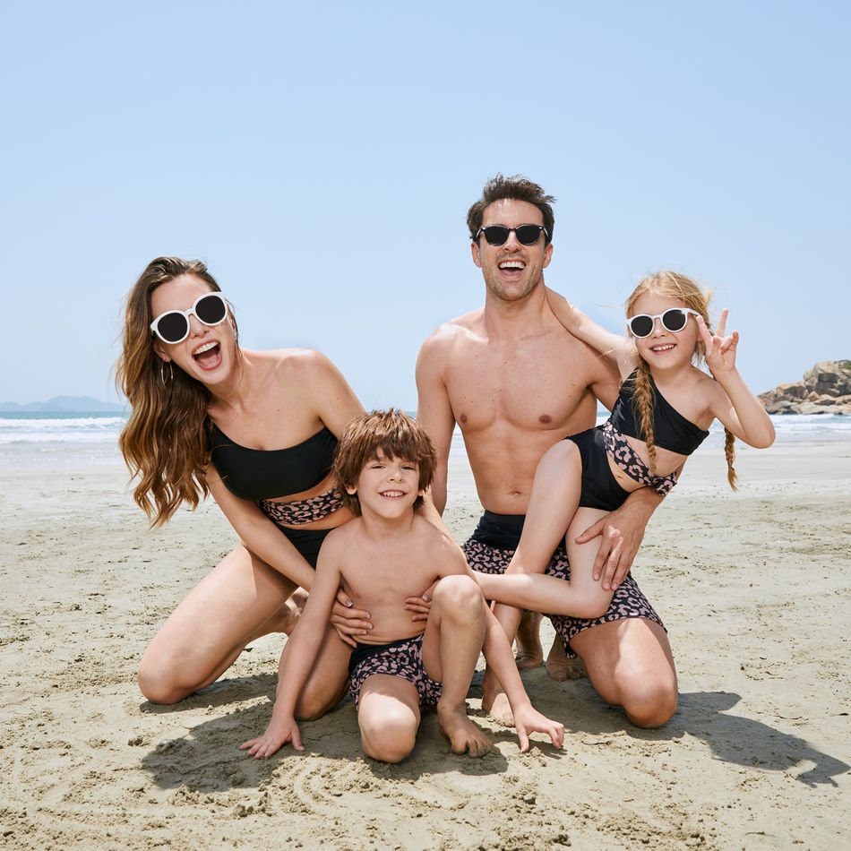 Family Matching Leopard Splice Black Swim Trunks Shorts and One Shoulder Self Tie One-Piece Swimsuit Black big image 2