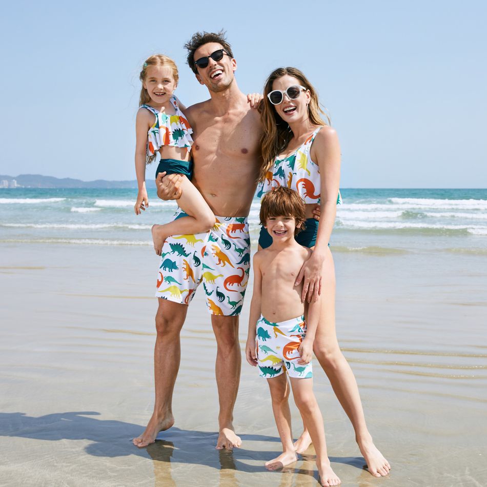 Family Matching All Over Multicolor Dinosaur Print Swim Trunks Shorts and Ruffle Two-Piece Swimsuit White big image 2