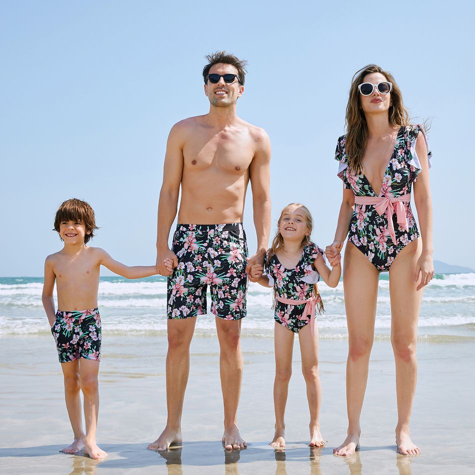 Family Matching Allover Floral Print Swim Trunks Shorts and Ruffle-sleeve Belted One-Piece Swimsuit Light Pink big image 3