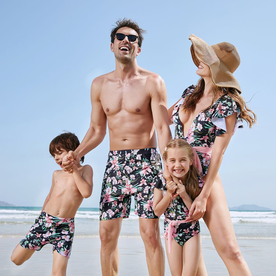 Family Matching Allover Floral Print Swim Trunks Shorts and Ruffle-sleeve Belted One-Piece Swimsuit Light Pink big image 2
