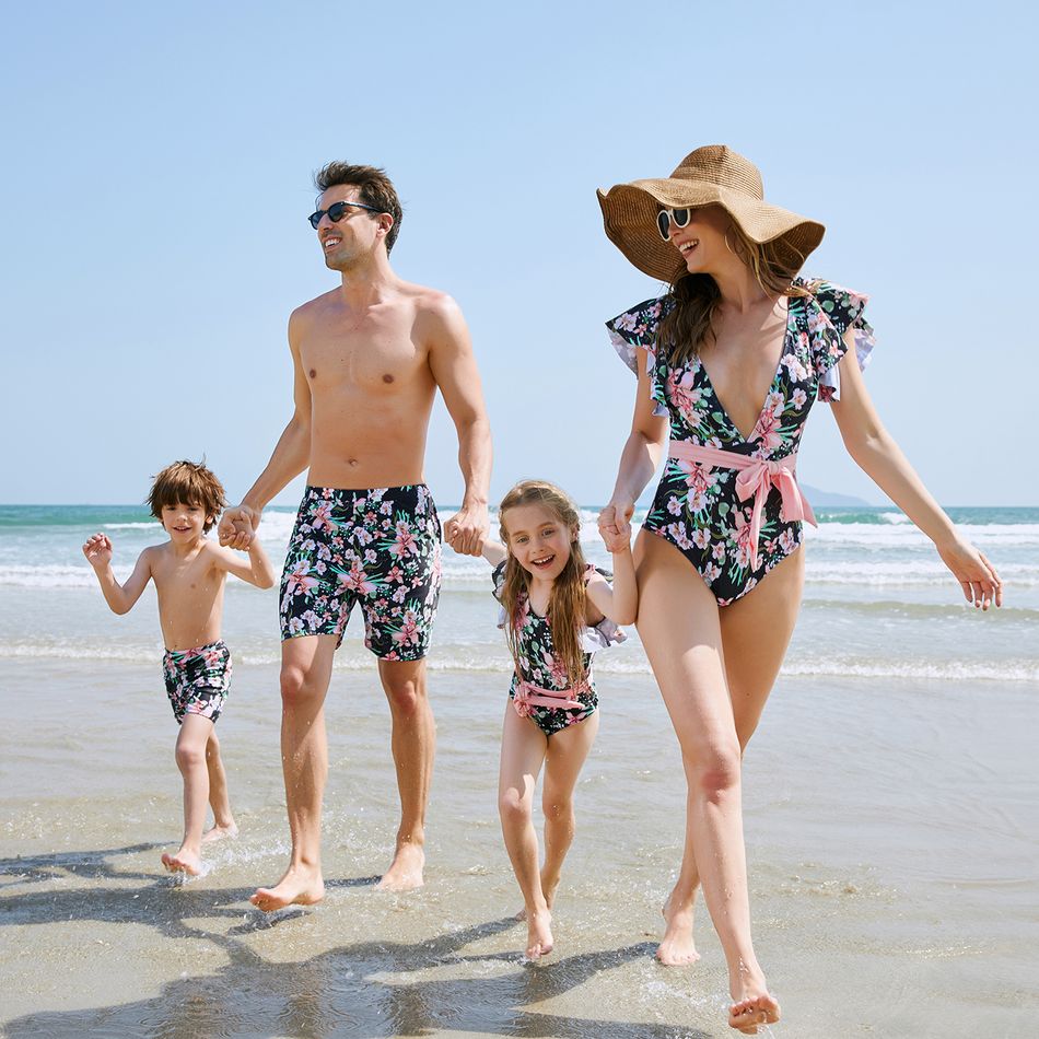 Family Matching Allover Floral Print Swim Trunks Shorts and Ruffle-sleeve Belted One-Piece Swimsuit Light Pink big image 4