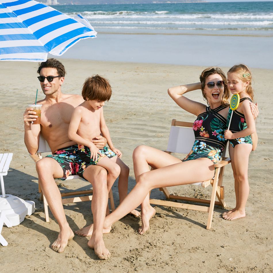 Family Matching All Over Tropical Plants Print Black Swim Trunks Shorts and Webbing One-Piece Swimsuit Black big image 5