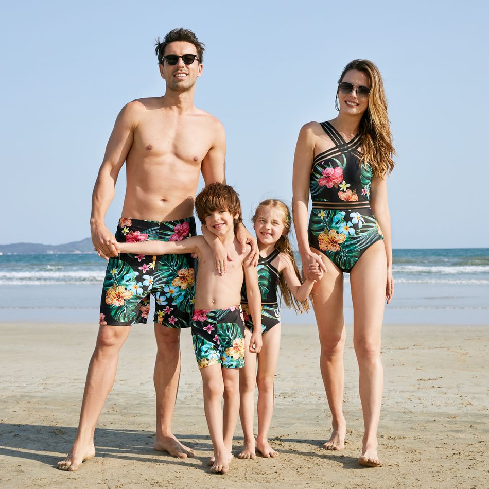 Family Matching All Over Tropical Plants Print Black Swim Trunks Shorts and Webbing One-Piece Swimsuit Black big image 4