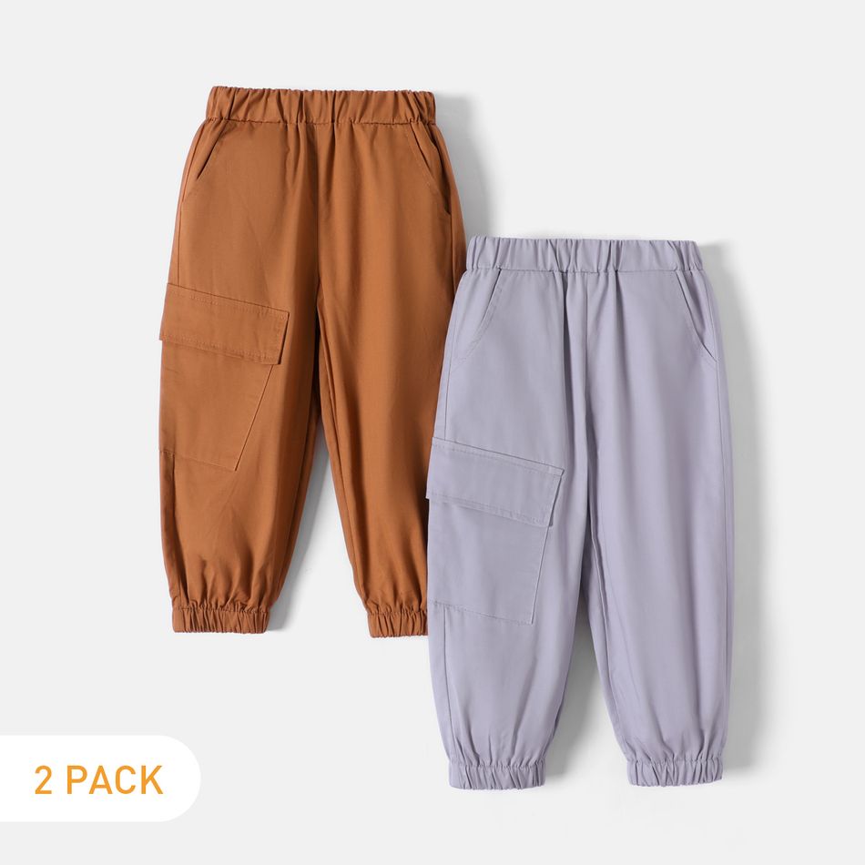 2-Pack Toddler Boy 100% Cotton Solid Color Elasticized Cargo Pants Color-A