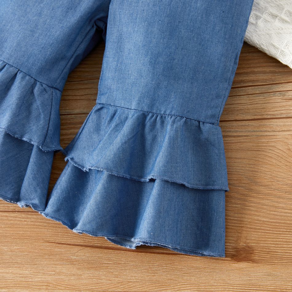 2pcs Baby Girl Imitation Denim Shirred Camisole Crop Top and Layered Ruffle Bell Bottom Pants Set Blue big image 6