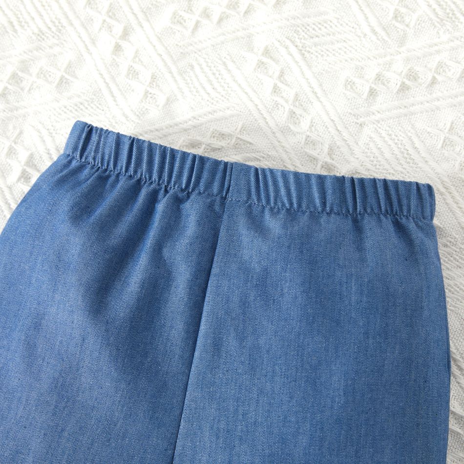2pcs Baby Girl Imitation Denim Shirred Camisole Crop Top and Layered Ruffle Bell Bottom Pants Set Blue big image 5