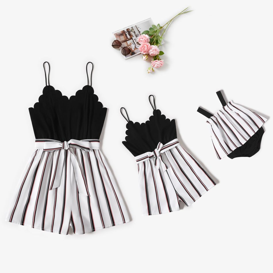 Black Wavy Edge Spaghetti Strap Splicing Striped Belted Romper for Mom and Me BlackandWhite