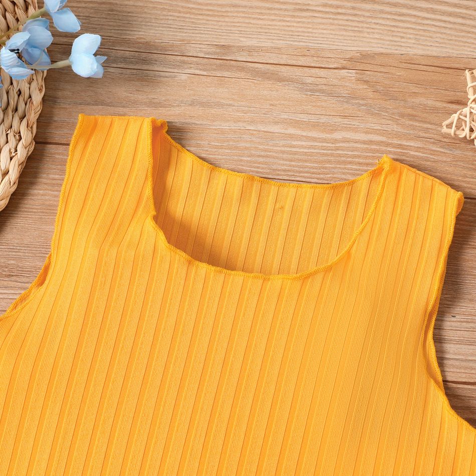 Kid Girl Solid Color Ribbed Lettuce Trim Tank Top Yellow big image 3