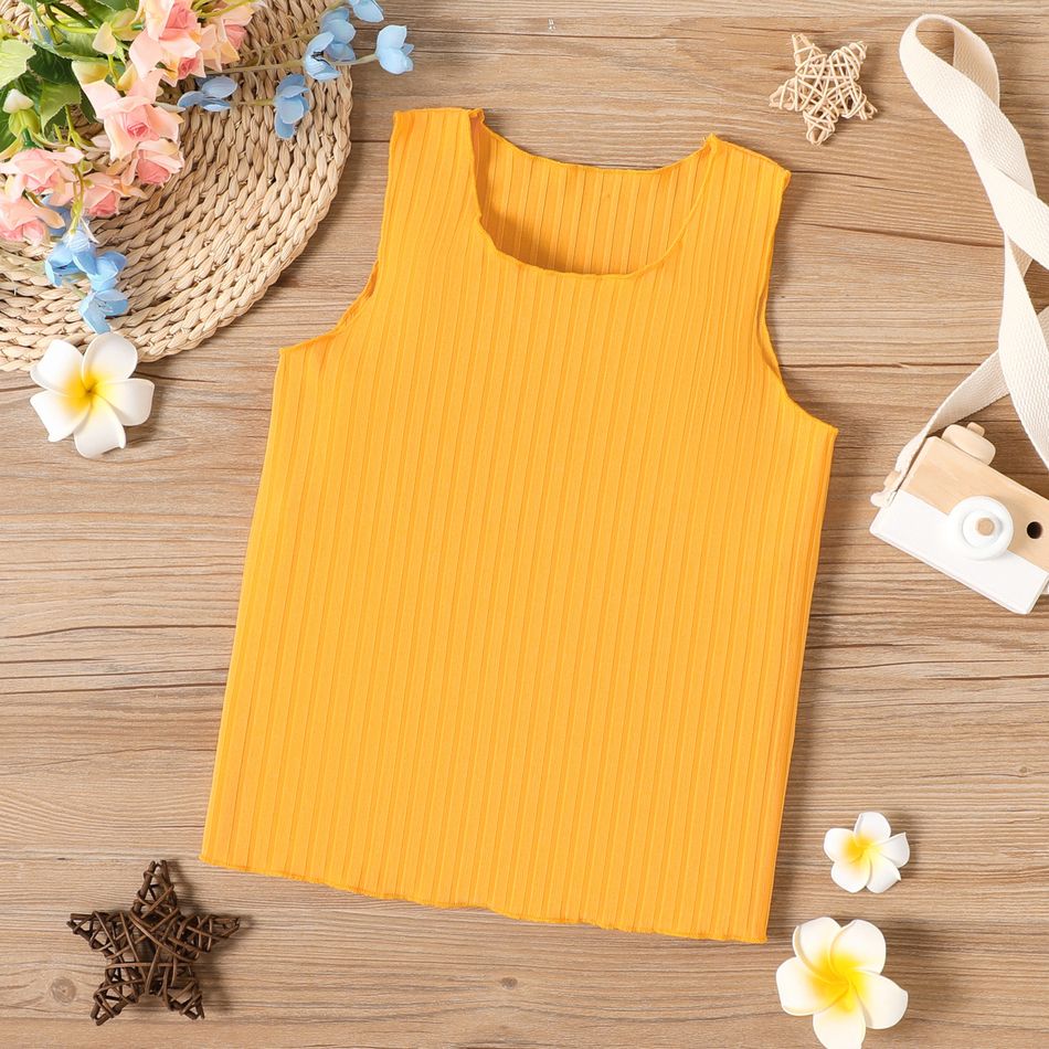 Kid Girl Solid Color Ribbed Lettuce Trim Tank Top Yellow