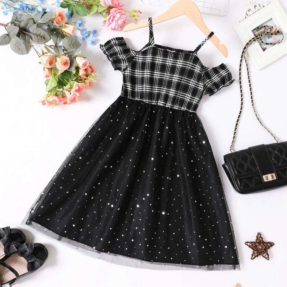 Kid Girl Plaid Mesh Splice Cold Shoulder Short-sleeve Strap Dress Black
