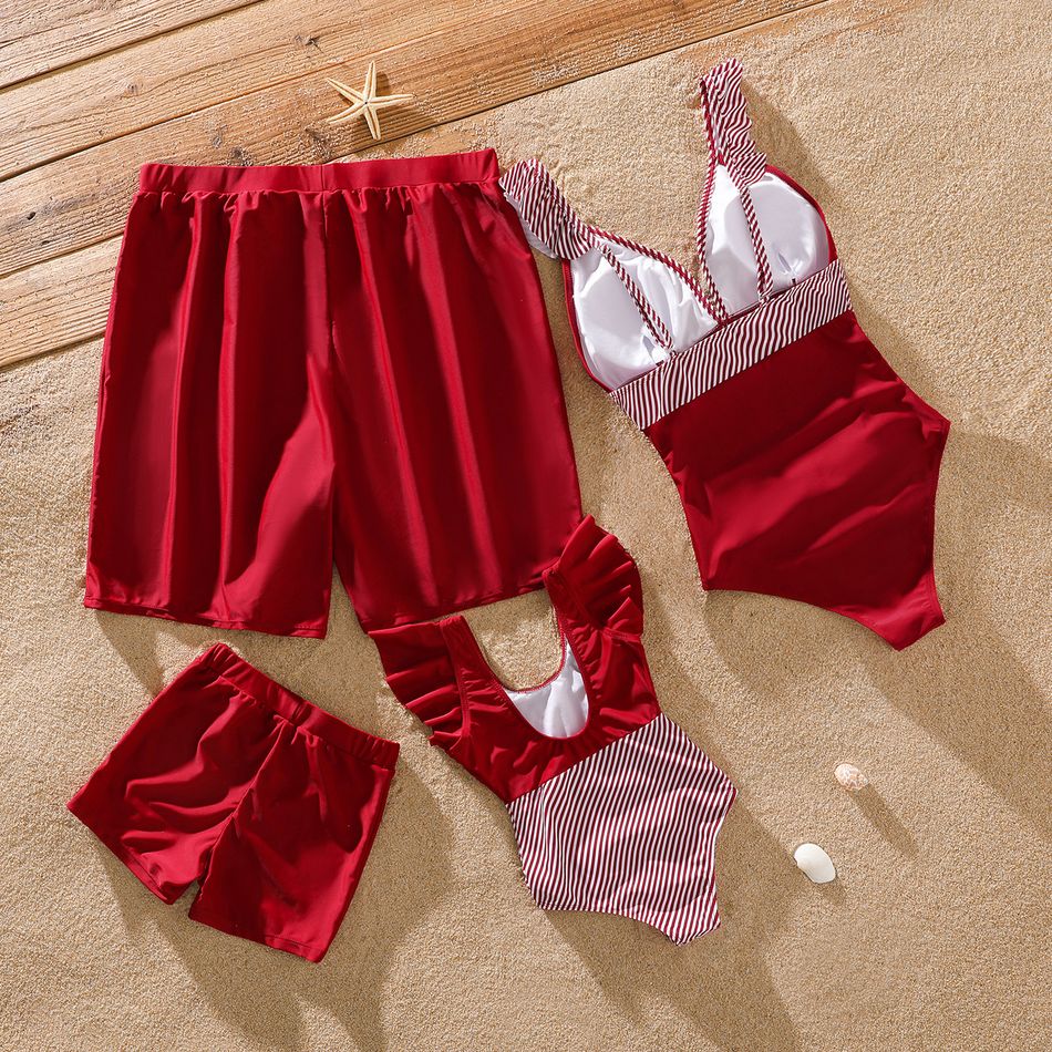 Family Matching Red Striped Splicing Ruffle One-Piece Swimsuit and Letter Print Swim Trunks Shorts Sets Red big image 2