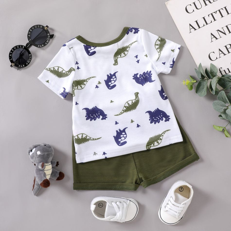 2pcs Baby Boy All Over Dinosaur Print Short-sleeve Tee and Solid Shorts Set Army green big image 2
