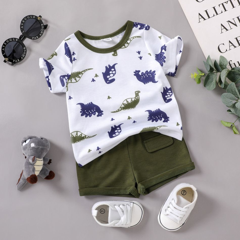 2pcs Baby Boy All Over Dinosaur Print Short-sleeve Tee and Solid Shorts Set Army green