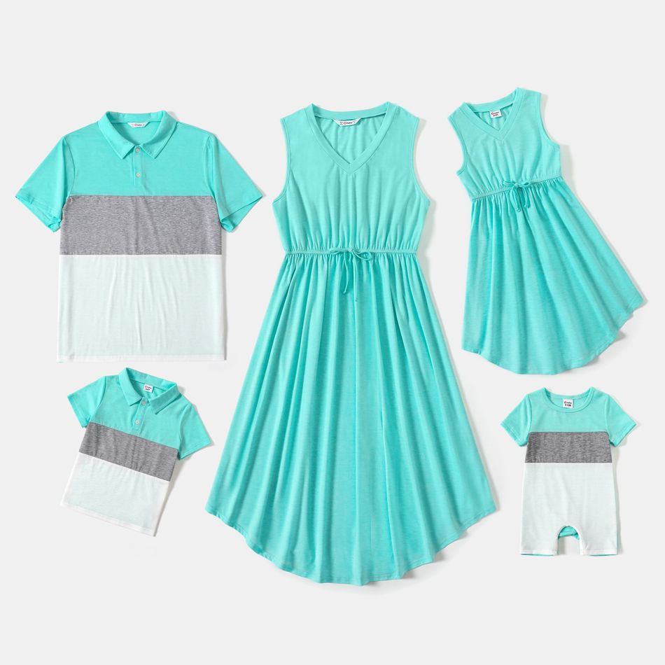 Family Matching Solid V Neck Tank Dresses and Short-sleeve Colorblock Polo Shirts Sets Light Green