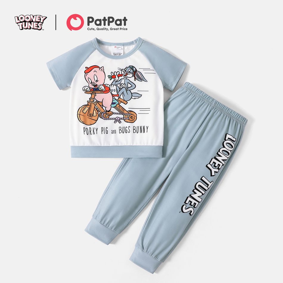 Looney Tunes 2pcs Toddler Boy/Girl Letter Print Short Raglan Sleeve Tee and Elasticized Pants Set Grey