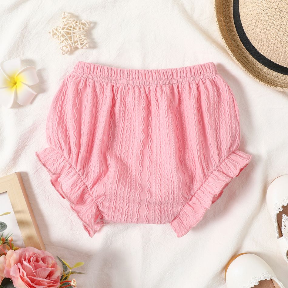 Baby Girl Solid Textured Elasticized Waist Ruffle Shorts Pink big image 1