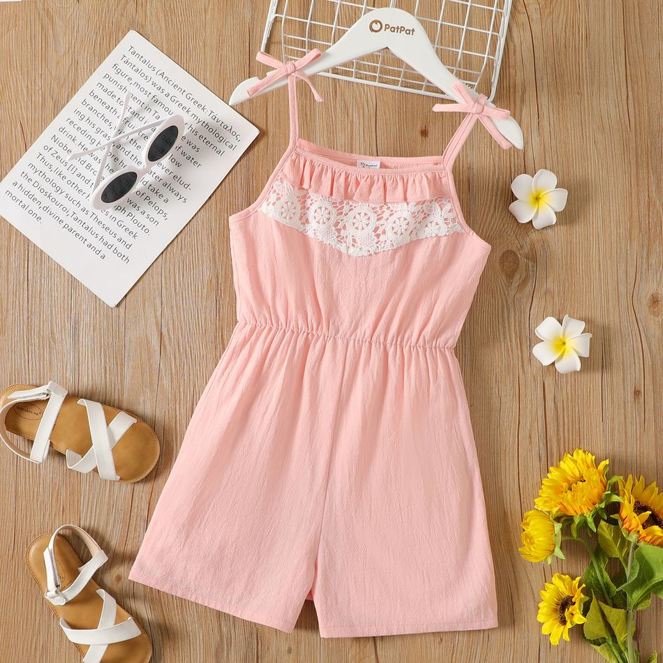 Kid Girl 100% Cotton Lace Bowknot Design Cami Rompers Pink