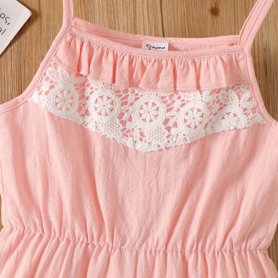 Kid Girl 100% Cotton Lace Bowknot Design Cami Rompers Pink big image 4