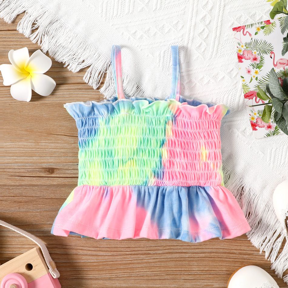 Baby Girl Button Front Tie Dye Smocked Ruffle Spaghetti Strap Top Colorful big image 2