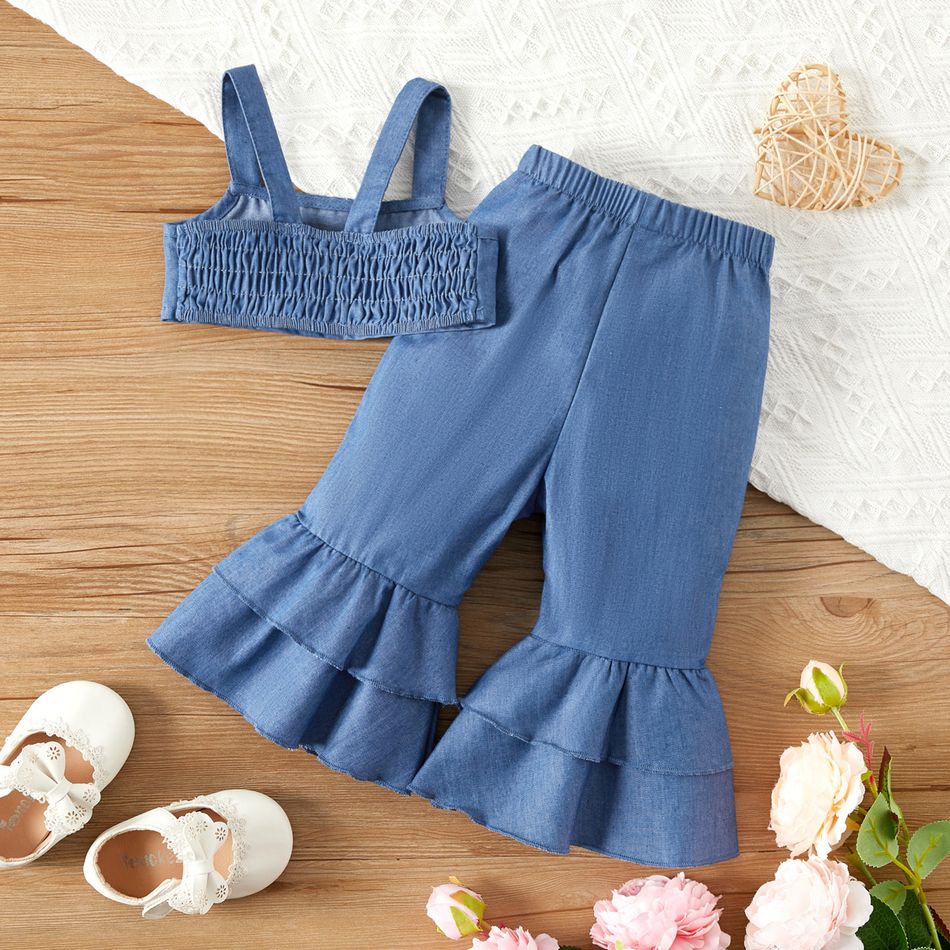 2pcs Baby Girl Imitation Denim Shirred Camisole Crop Top and Layered Ruffle Bell Bottom Pants Set Blue big image 2