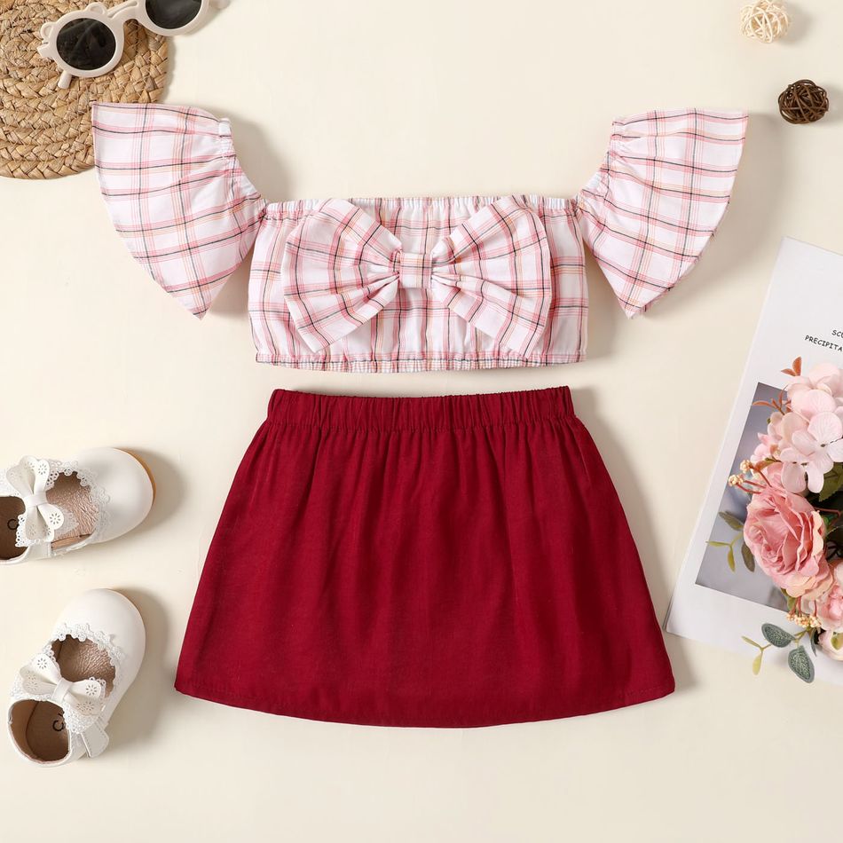 2pcs Baby Girl 100% Cotton Plaid Off Shoulder Short-sleeve Bowknot Crop Top and Solid Skirt Set WineRed