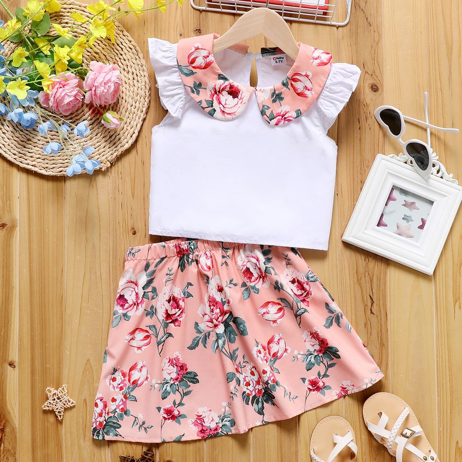 2-piece Kid Girl Doll Collar Flutter-sleeve White Tee and Floral Print Pink Skirt Set PinkyWhite
