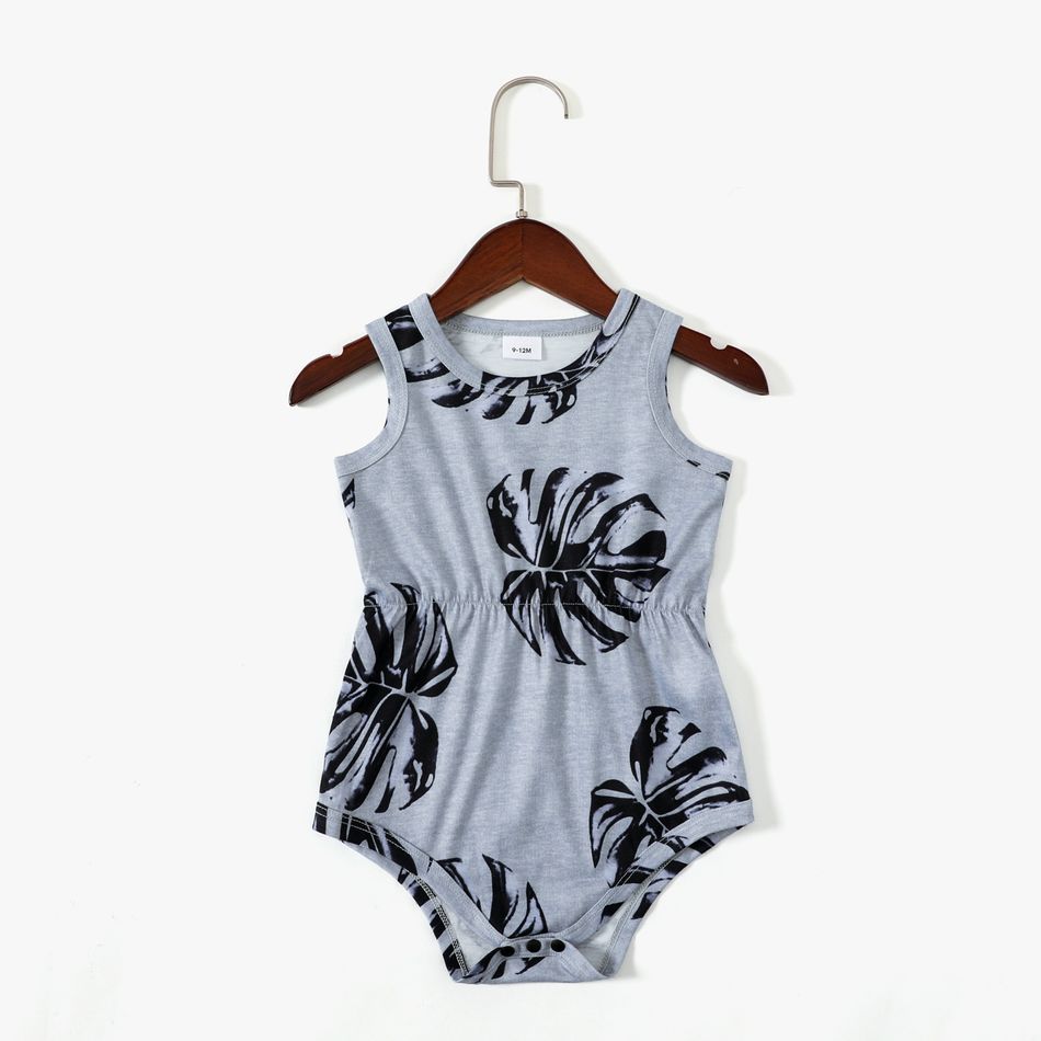 All Over Palm Leaf Print Spaghetti Strap Romper for Mom and Me Grey big image 8