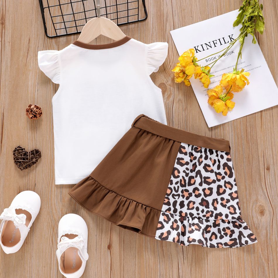 2pcs Toddler Girl Letter Print Flutter-sleeve Tee and Leopard Print Splice Belted Skirt Set White big image 2