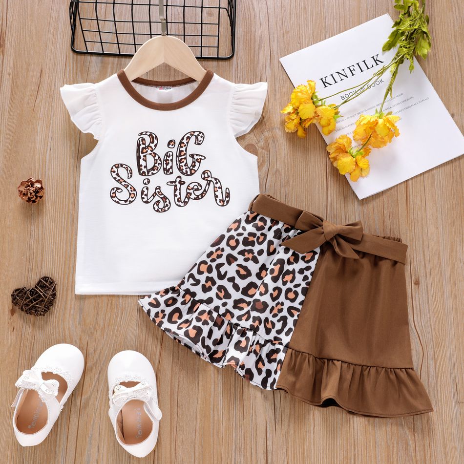 2pcs Toddler Girl Letter Print Flutter-sleeve Tee and Leopard Print Splice Belted Skirt Set White