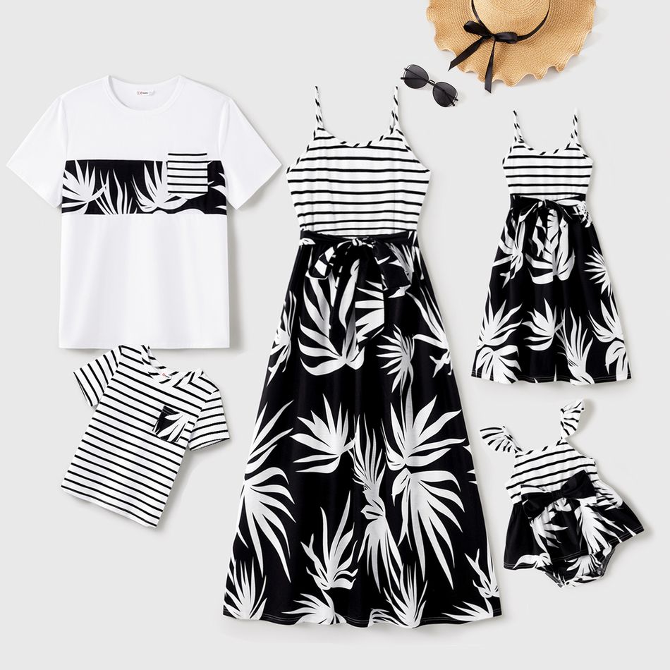 Family Matching Cotton Striped Splice Plant Print Belted Cami Dresses and Short-sleeve T-shirts Sets BlackandWhite