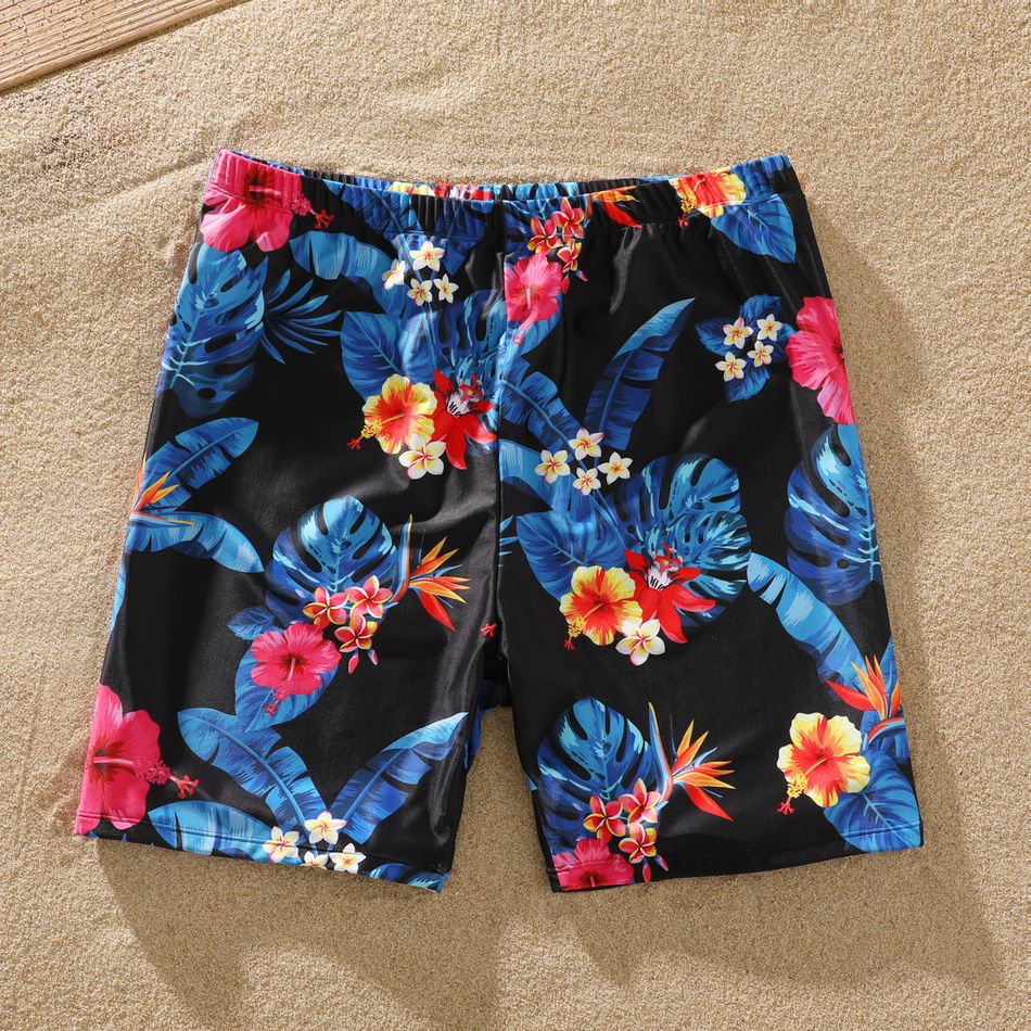 Family Matching Blue Floral Print Splicing V Neck Spaghetti Strap One-Piece Swimsuit and Swim Trunks Shorts Blue big image 8